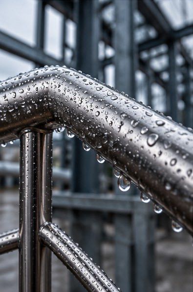 Handlauf aus Edelstahlrohr mit Regentropfen