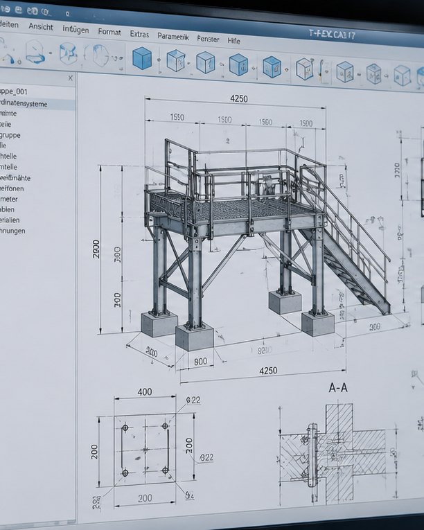 Rysunek CAD pomostu roboczego ze schodami i balustradą na ekranie