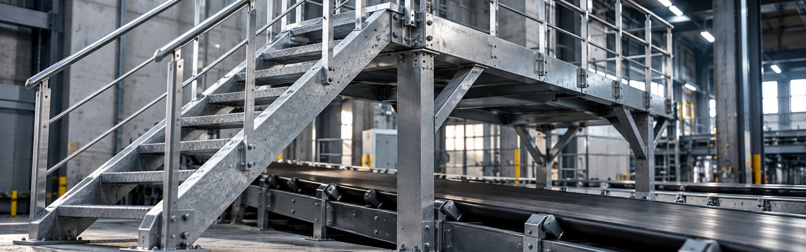 Pomost przemysłowy ze schodami i balustradą ze stali nad przenośnikiem w hali produkcyjnej